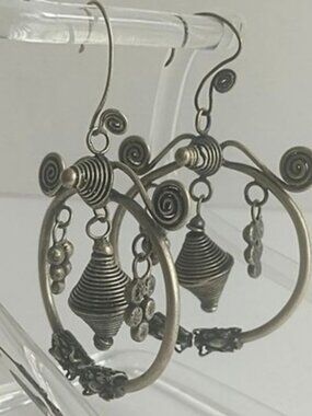 Miao Silver Dragon Earrings Hoop Coiled Cone Dangle Drop Tribal Hmong Boho Folk